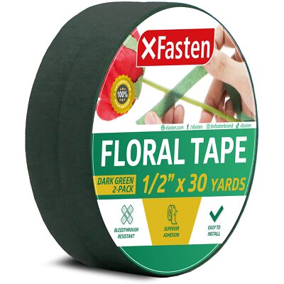 XFasten Wide Floral Tapes for Bouquet 1/2-Inch x 30 Yards - Dark Green (2-Pac...
