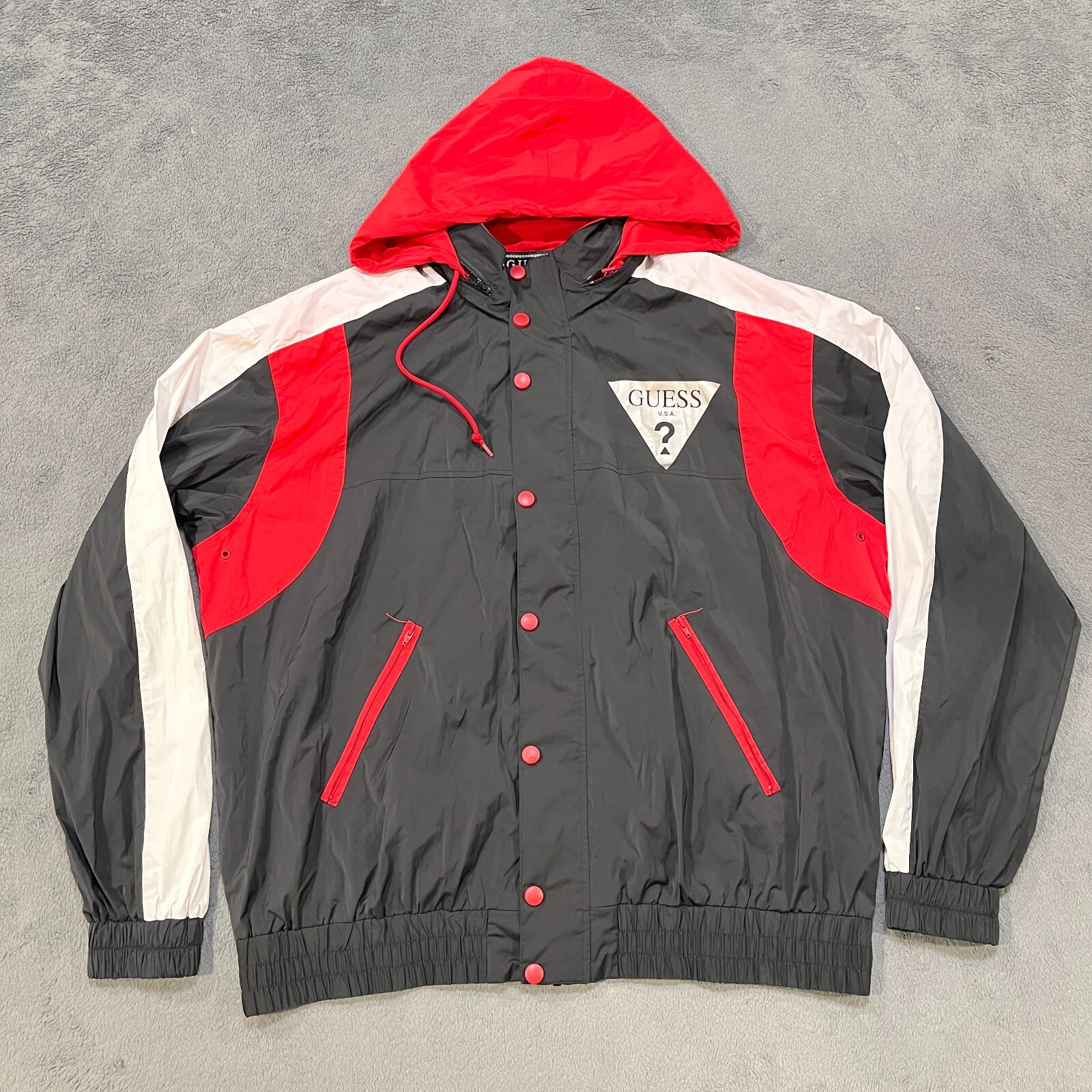 Guess Los Angeles Black Red Button Windbreaker Hooded Jacket