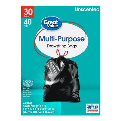 Great Value 30-Gallon Drawstring Multi-Purpose Trash Bags