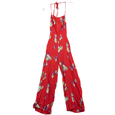 Urban Outfitters Jumpsuit Sz 0 Red Floral Print Viscose Halter Neck Tie Back