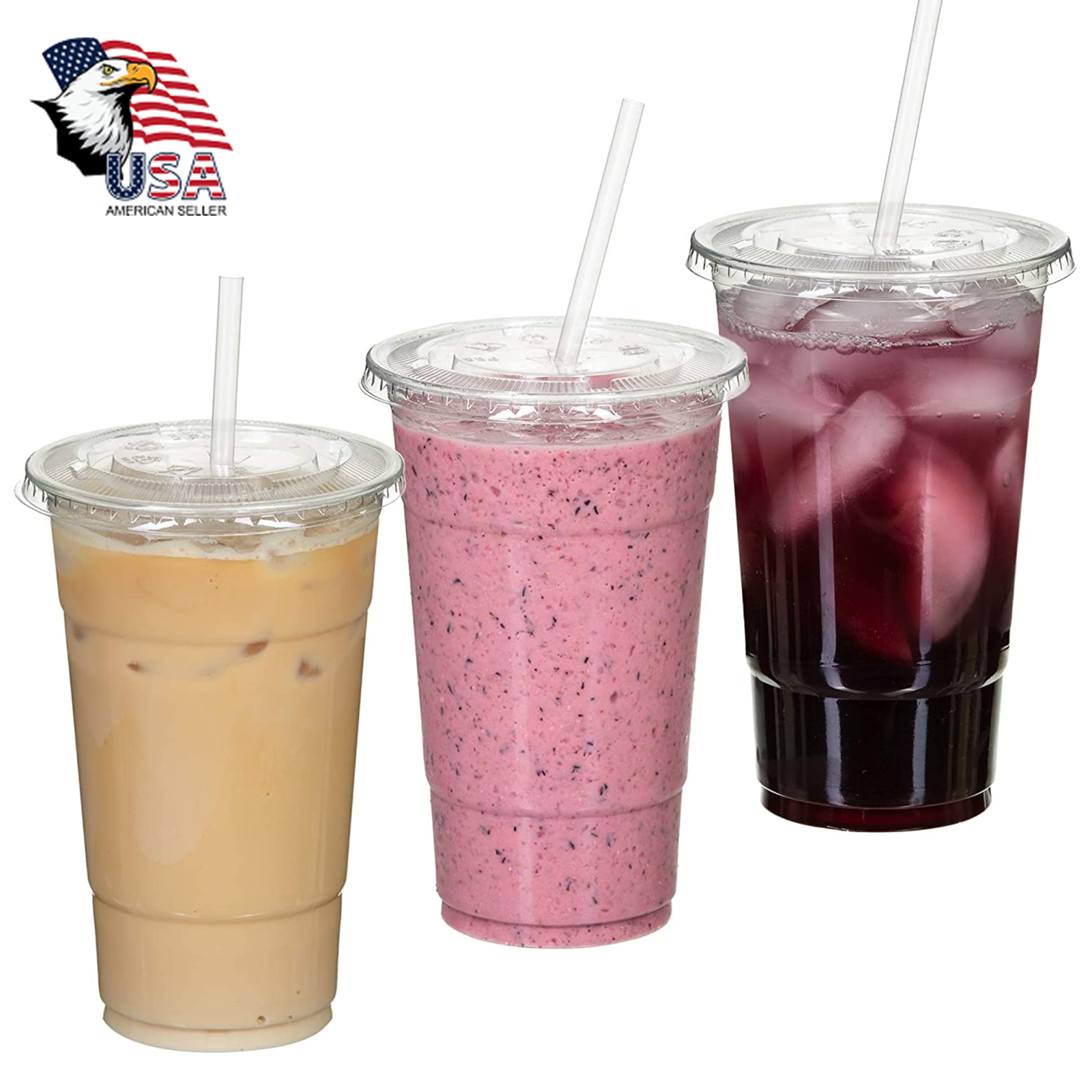 Clear Plastic PET Cups with Flat Lids with Straw for All Kinds of Beverages