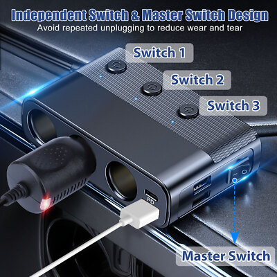 3 Way Car Cigarette Lighter Socket Splitter USB Fast Charger Power Adapter 12V