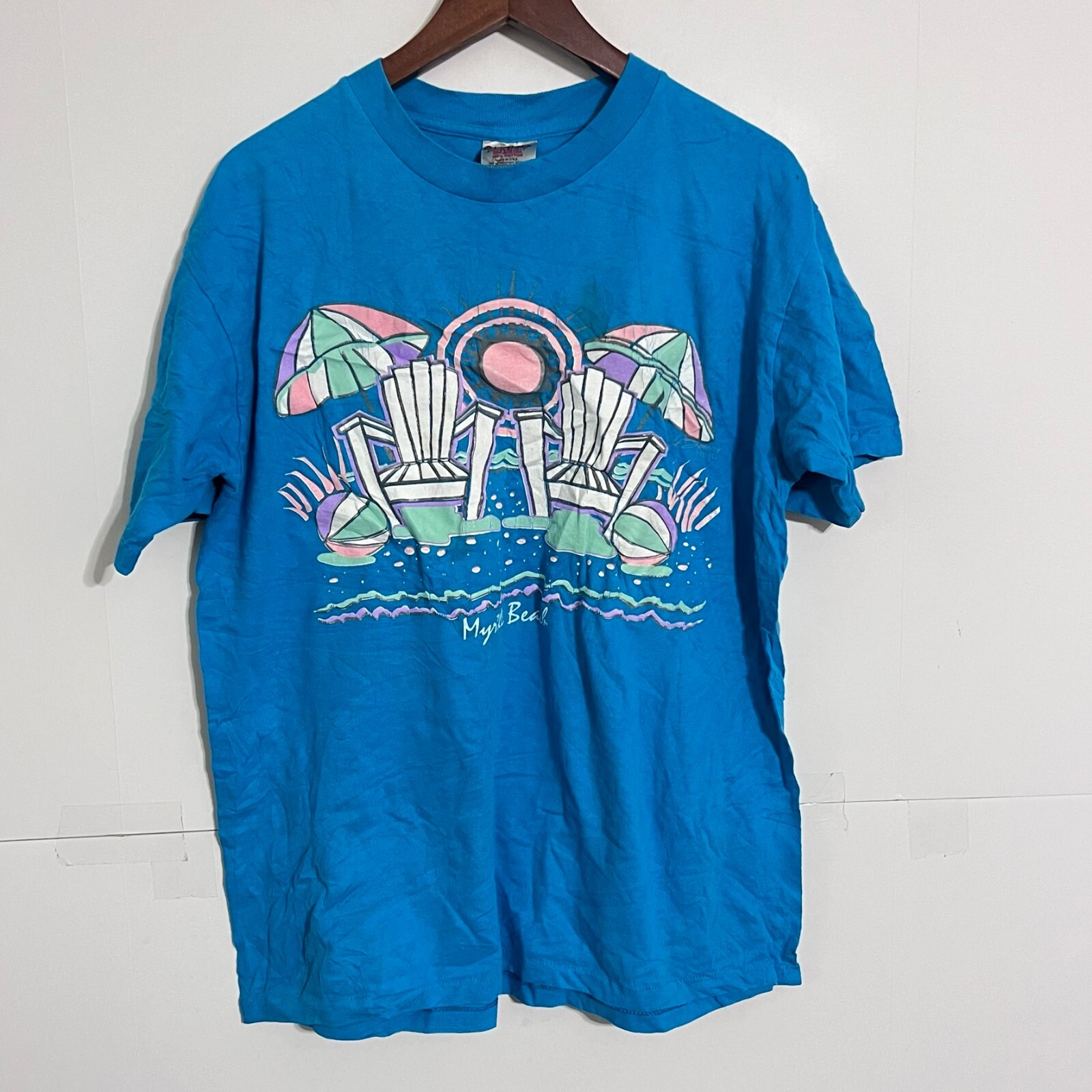 Vintage 90s Oneita Mens T-Shirt Size L Blue Myrtle Beach Pre