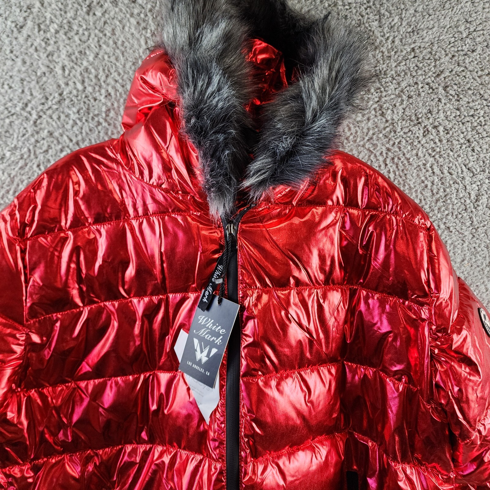 White Mark Plus Size Metallic Puffer Coat with Hoodie Women's 2XL Red Full Zip~ - Picture 4 of 14