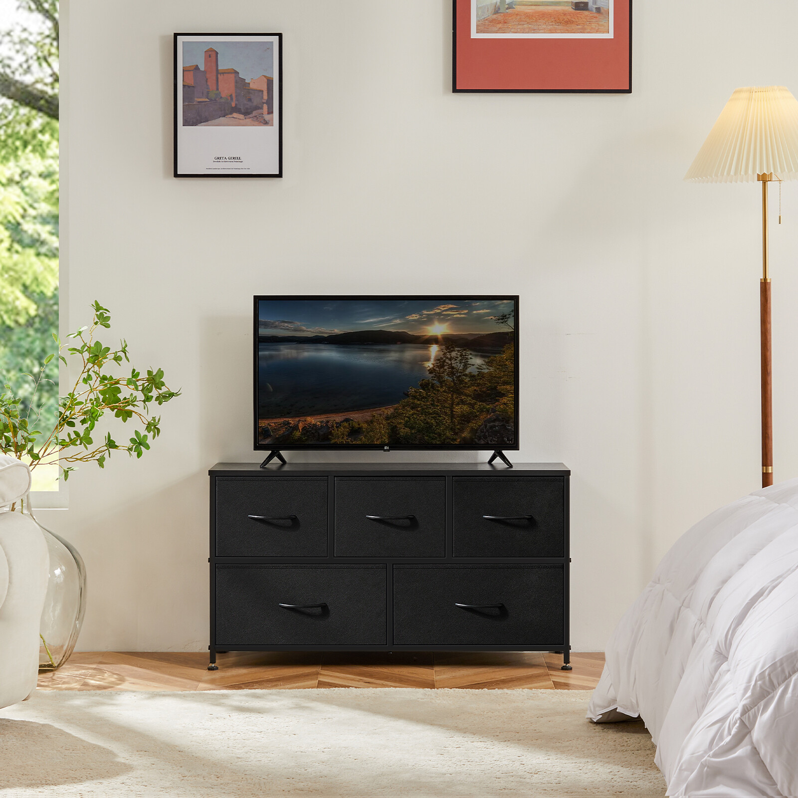 Storage Cabinet With 5 Fabric Drawers, Wooden Top, Dresser, Locker For Clothes