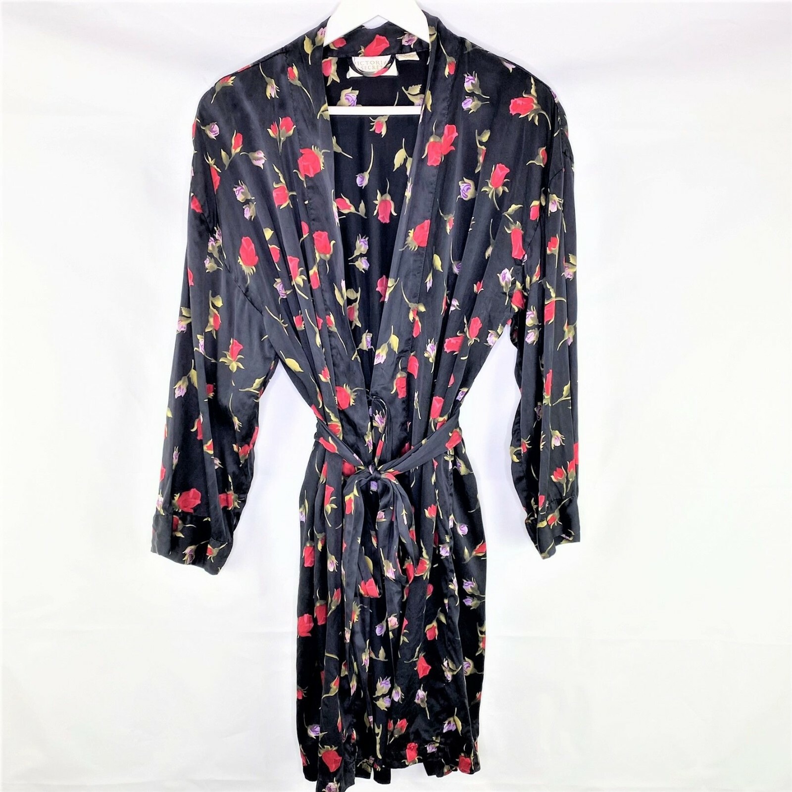 Vintage Victoria's Secret Gold Label Black Silk Floral Robe, Size Small