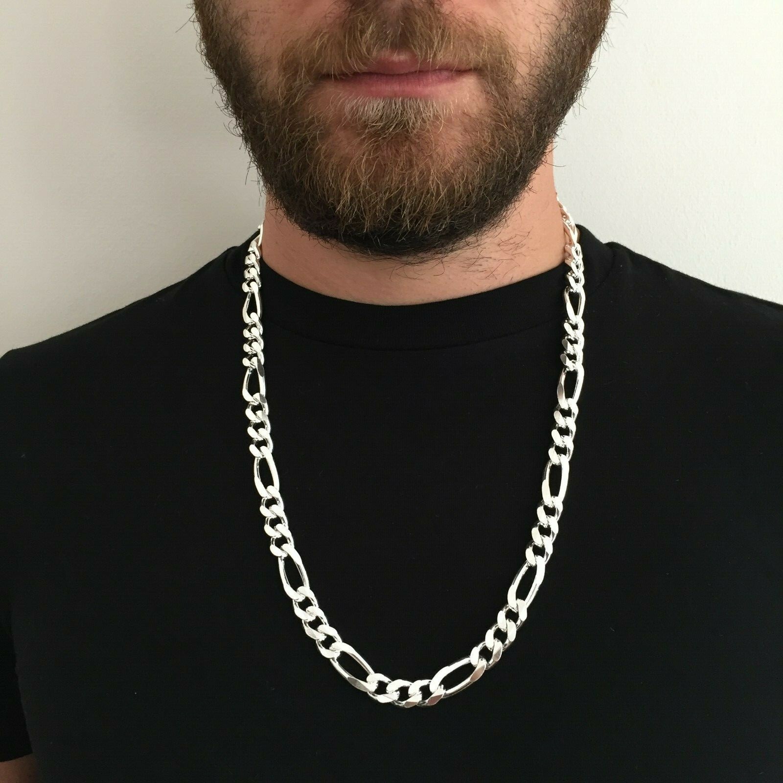 Pre-owned Handmade Real Mens Figaro Link Chain Necklace 11mm 126gr 28inch 925 Silver Sterling