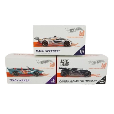 Lot of 3 Hot Wheels id Cars Mach Speeder, Track Manga, Justice League Batmobile
