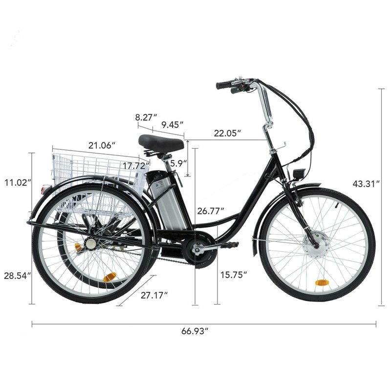 250W 24" Electric Adult Tricycle 3-Wheel Bike w/Lithium Battery&Basket Trike