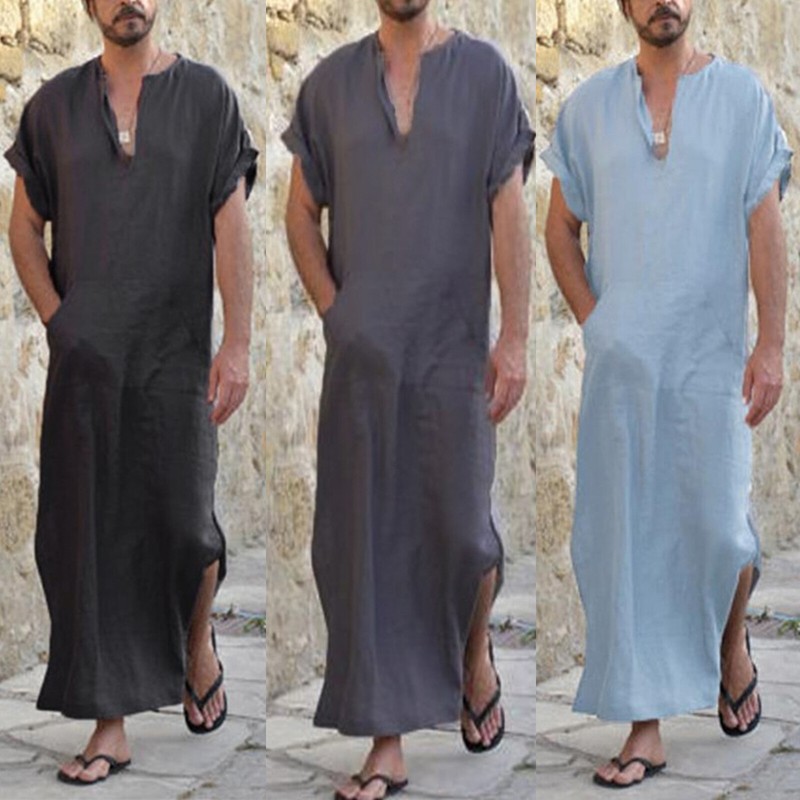 Herren Lose Arabien Leinenhemd Lange Tops Dubai Kurzarm Kaftan Shirts Abaya Robe