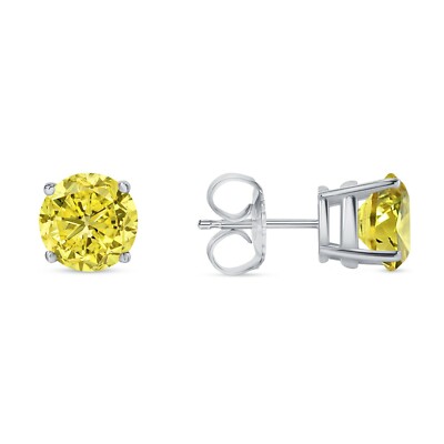 Pre-owned Shine Brite With A Diamond 3.50 Ct Round Cut Canary Earrings Studs Solid 14k White Gold Push Back Basket