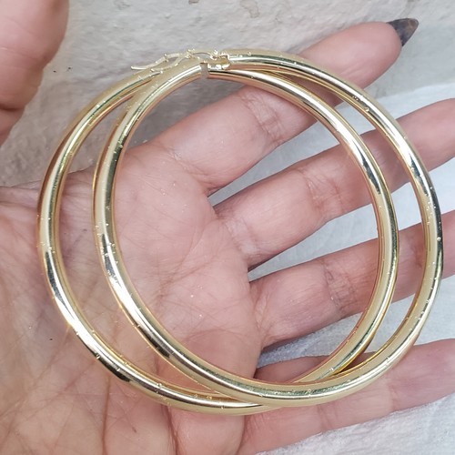 Pre-owned Handmade Extra Large Big Huge Thick Real 14k Yellow Gold Plain Hoop Earrings 3.50 Inches