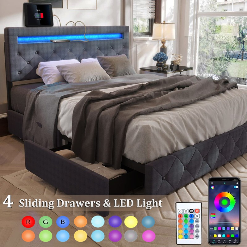 With Led Light Storage Headboard 4 Drawers