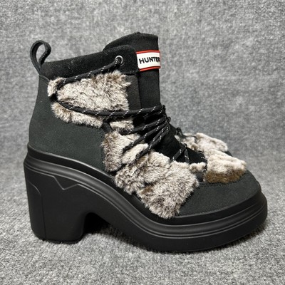 Hunter Discoverer Women Mid Lace-Up Exposed Faux Fur Leather Heel Boots Sz 7 NWT