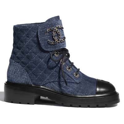 Pre-owned Chanel 21a Blue Black Quilted Cc Chain Combat Lace Up Tie Ankle Short Boots 37.5