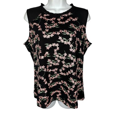 Tommy Hilfiger NWT Embroidered Blouse L Black Ruffled Trim Sleeveless Workwear