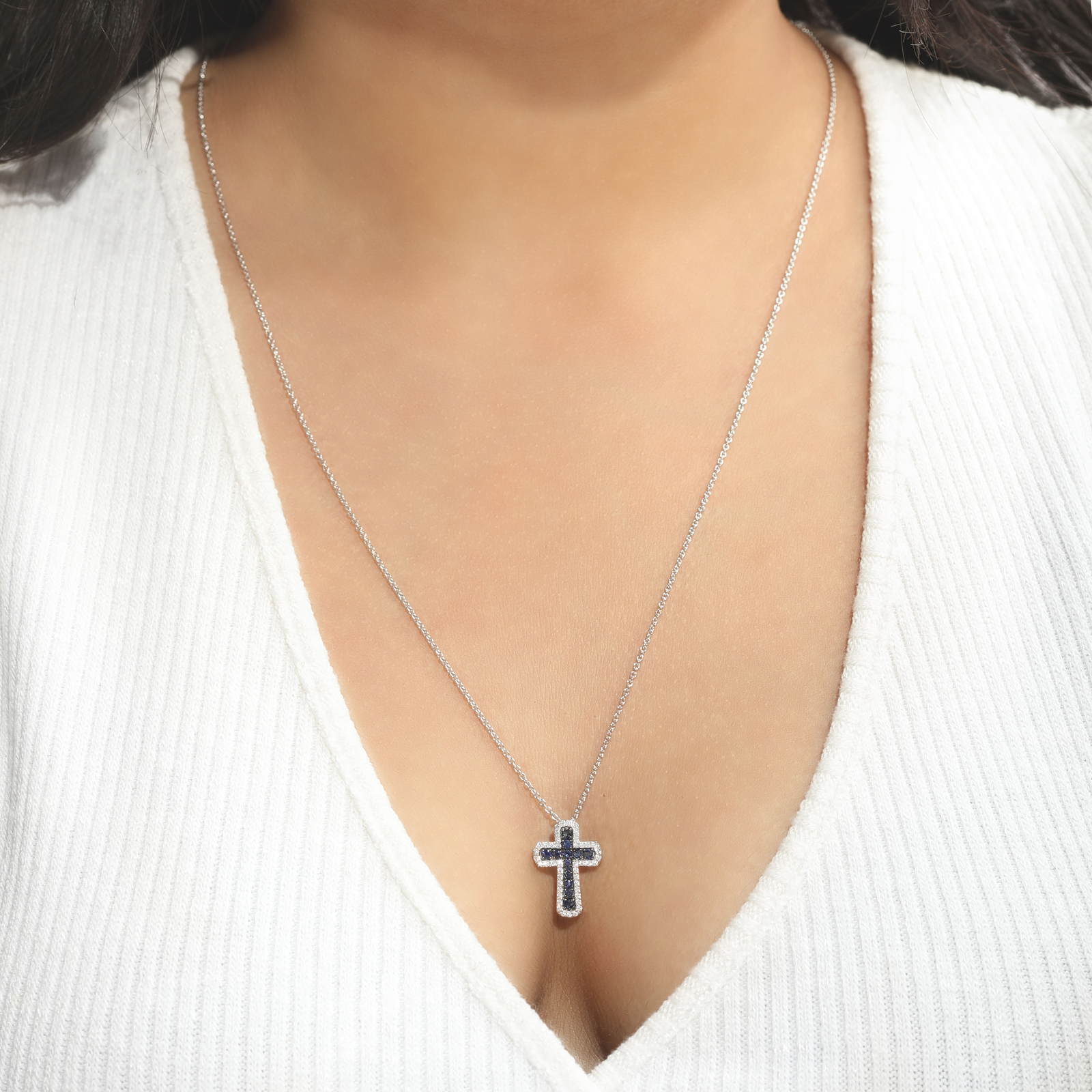 14K Gold Natural Blue Sapphire Holy Cross Necklace Jewelry-Jewelzofny