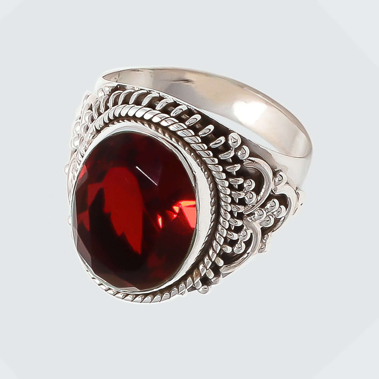 Red Garnet Oval Cut Gemstone 925 Sterling Silver Ring For