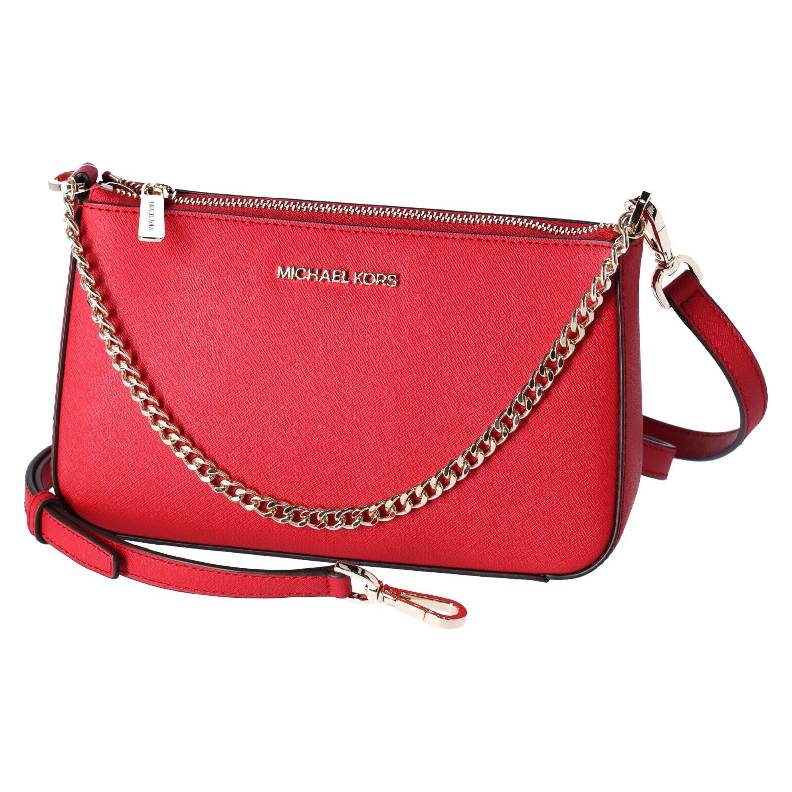 Michael Kors Jet Set Travel Medium Zip Pouchette Crossbody Bright Red Leather