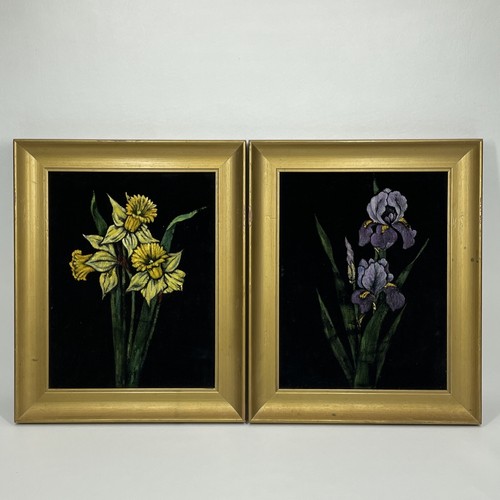 Set Of Two Vintage Black Velvet Paintings Of Flowers
