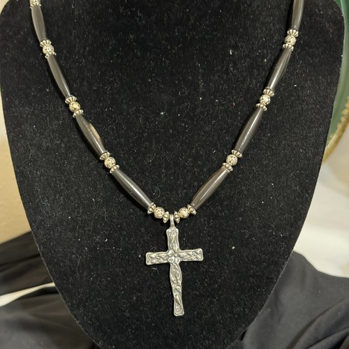 Vintage WYATT Black Wood & Pewter Cross Necklace