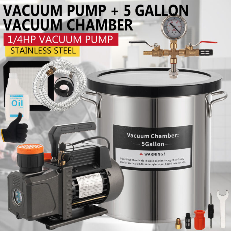 5 Gal Stainless Steel Vacuum Degassing Chamber and 3,5 CFM Single Stage Pump Kit