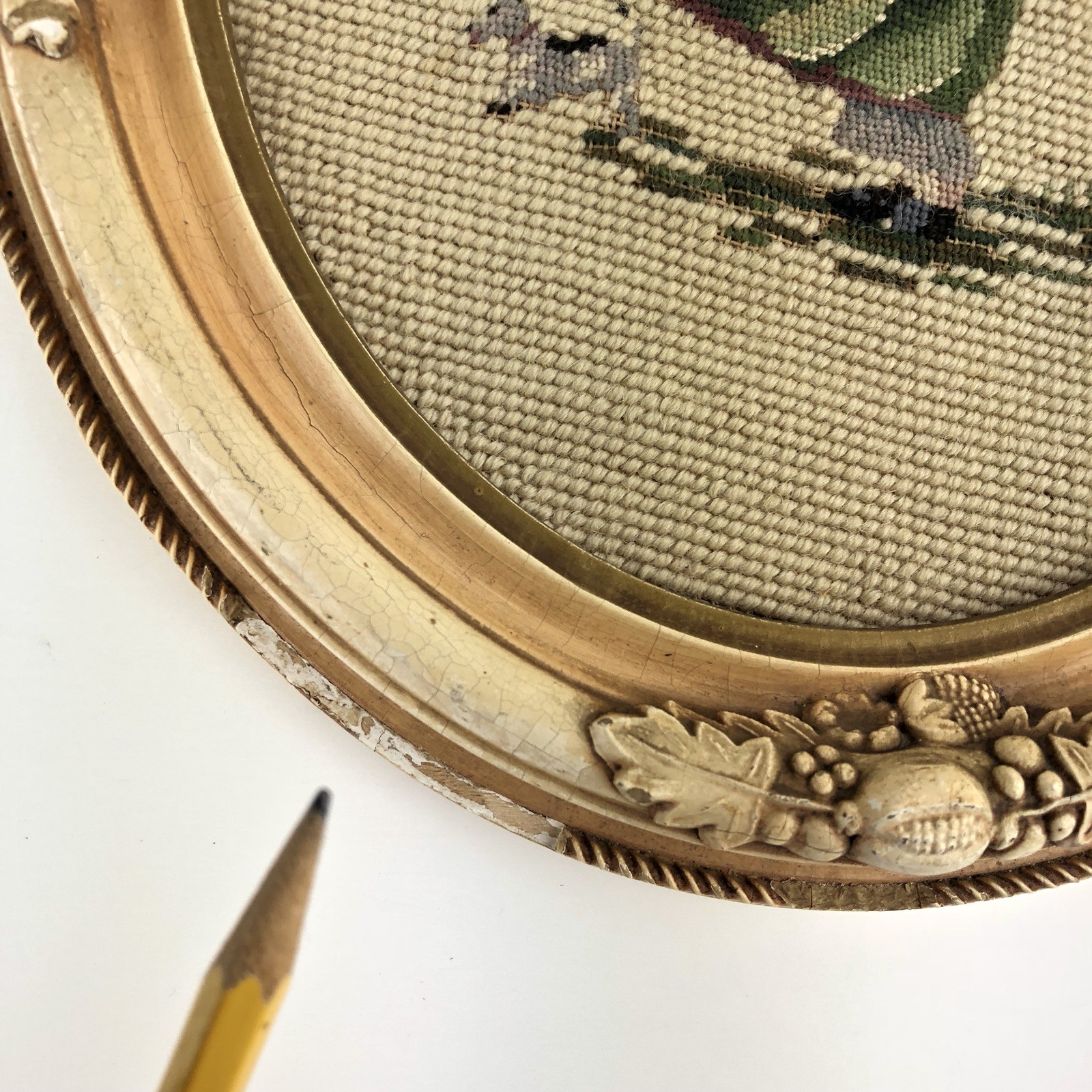 Antique Victorian Needlepoint Woman Sun Bonnet Dog Oval Gesso Gilt Frame MI513