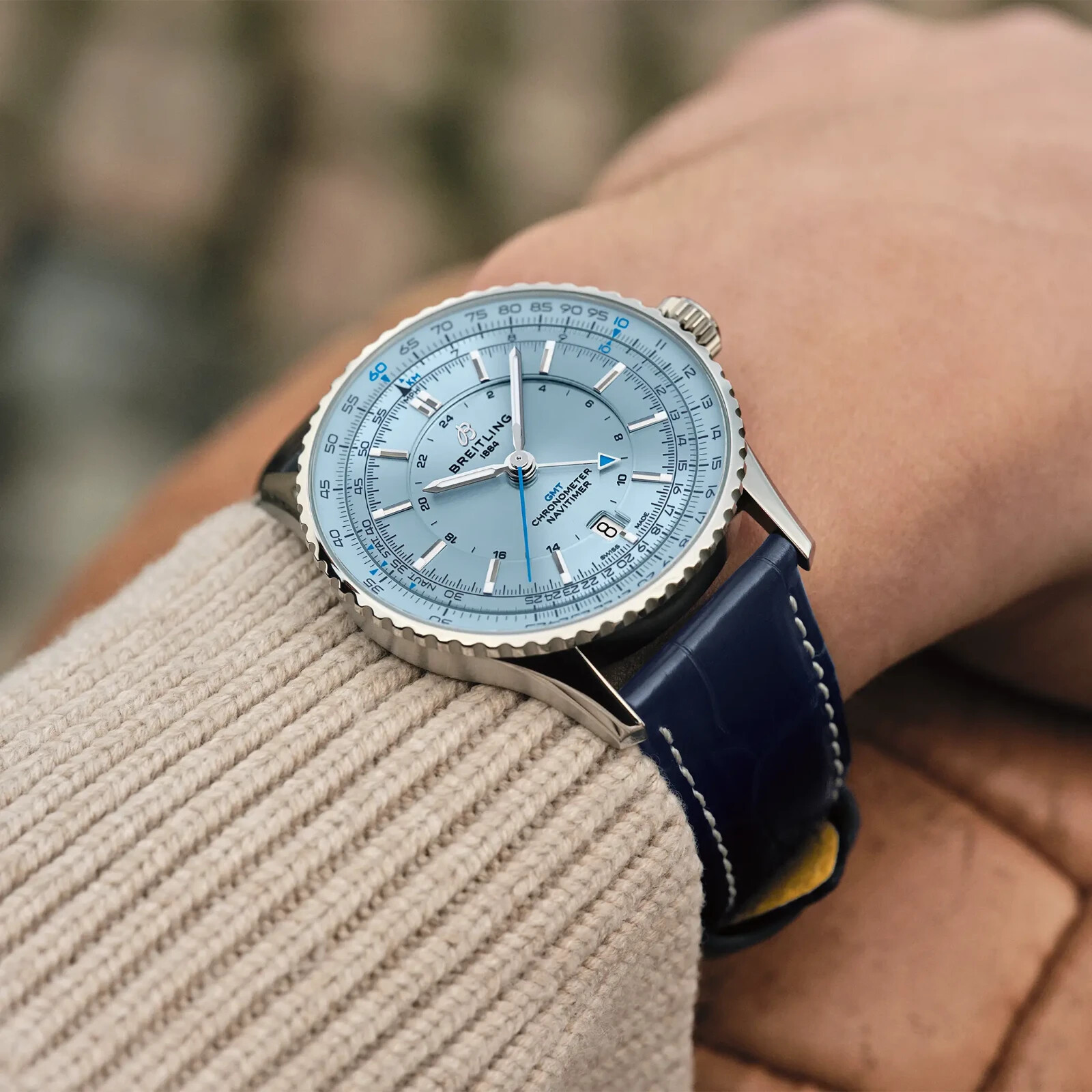 Pre-owned Breitling Navitimer Automatic Gmt 41mm Ice Blue Dial Blue Strap A32310171c1p1