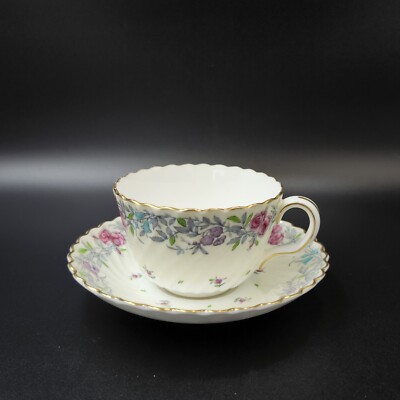 Minton Printemps Flat Tea Cup & Saucer Set England #S-370 Handpainted Floral