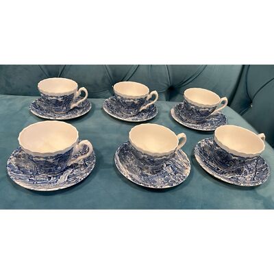 Vintage Alfred Meakin Staffordshire ''The Mill'' Blue White Cups Saucers Set of 6