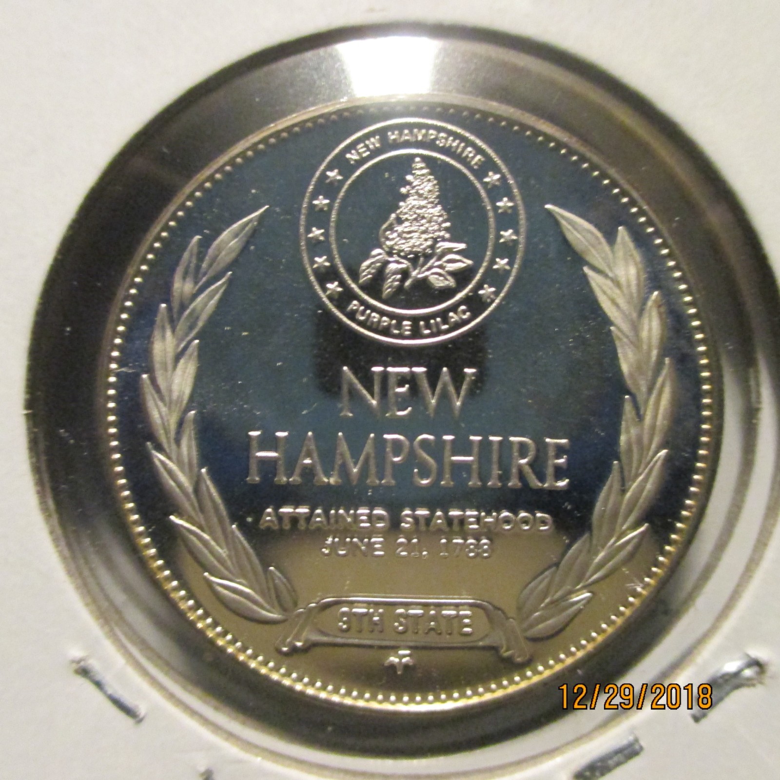 Franklin Mint New Hampshire State .925 Sterling Silver Round Proof