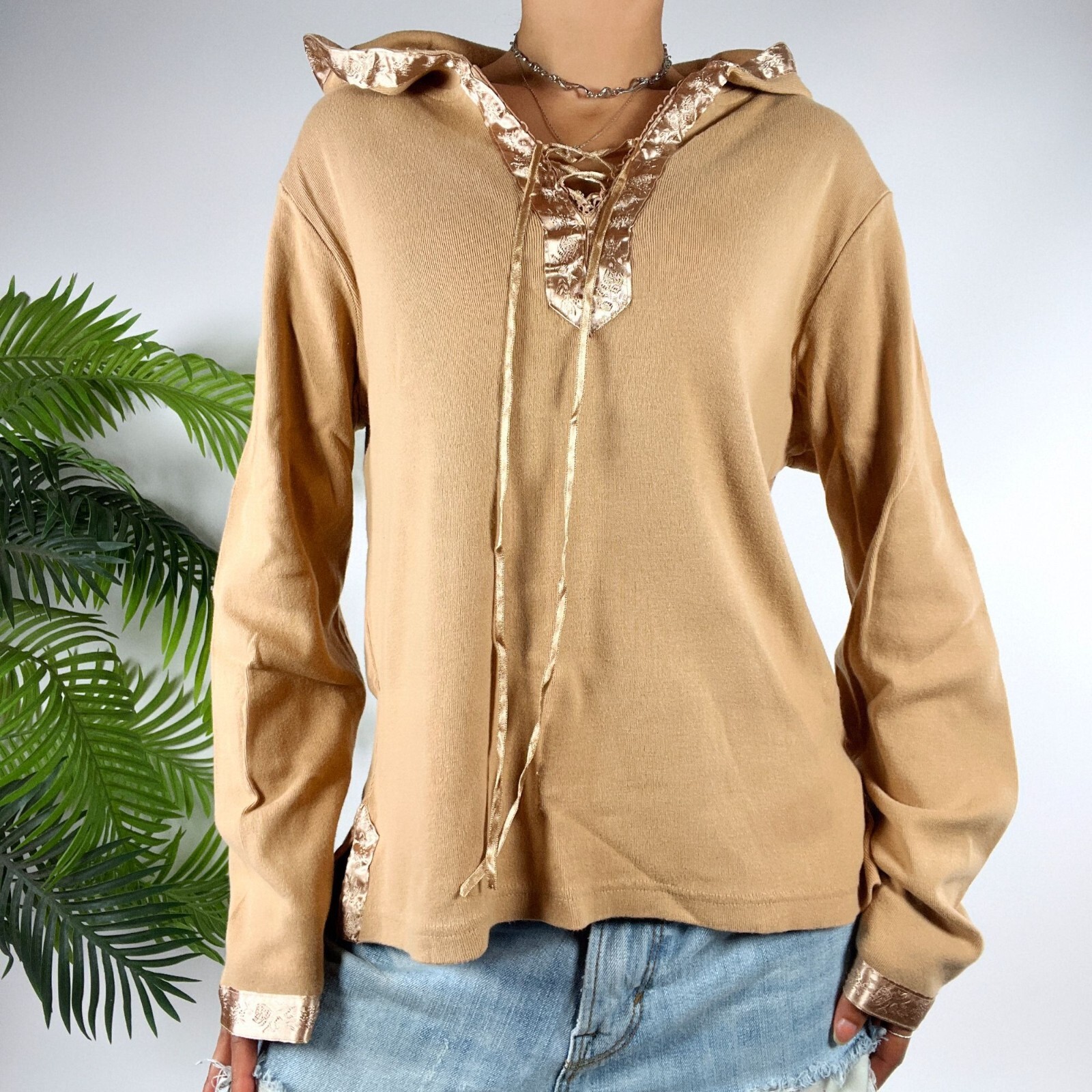 Womens Vintage Tan Boho Fairy Grunge Casual Hoodie Long Womens Vintage Tan Boho Fairy Grunge Casual Hoodie Long