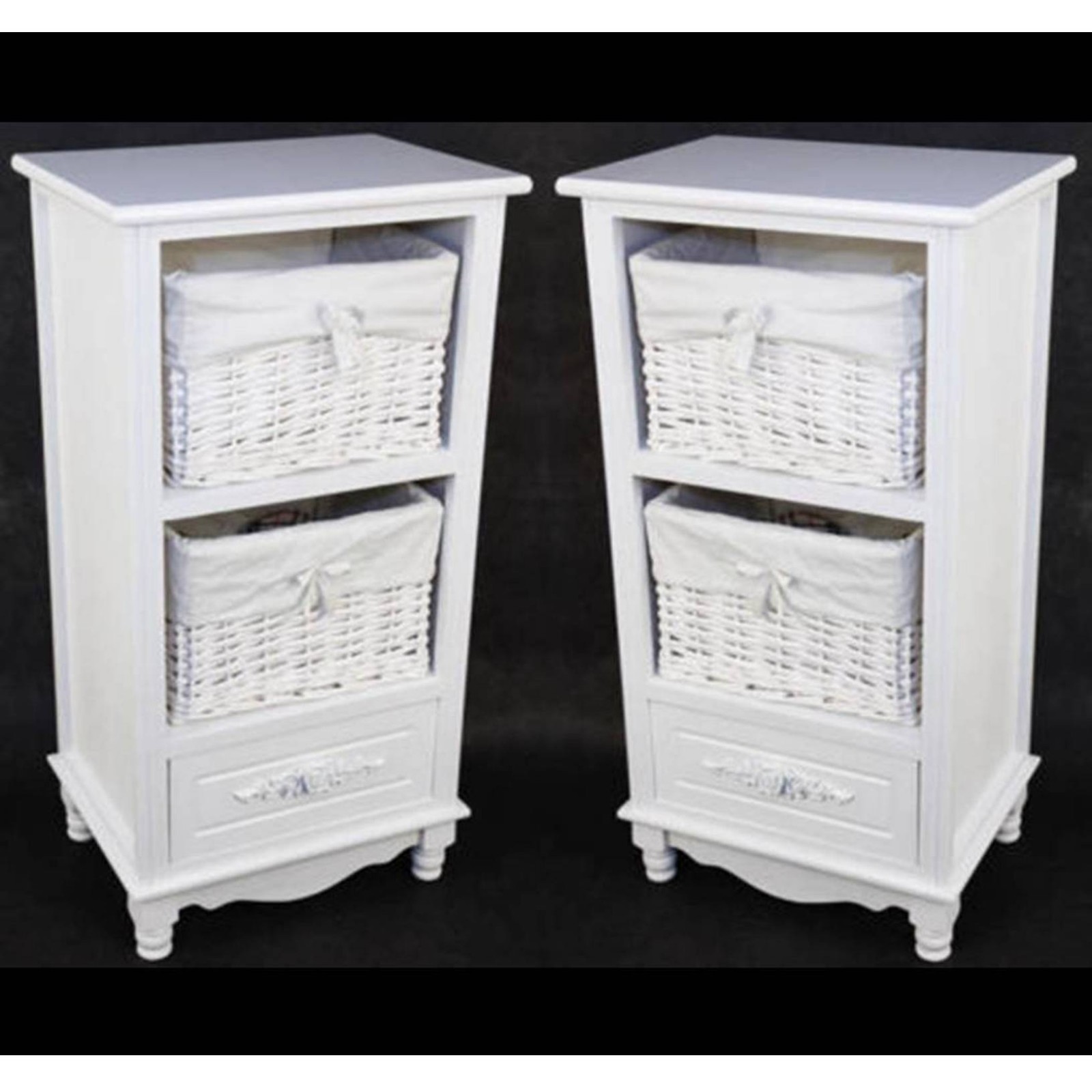 Pair Shabby Chic Bedside Lamp Tables White 2 Wicker Basket Storage