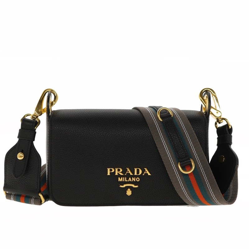 Prada Crossbody Shoulder Bag Guitar Strap Black Leather 1BD352 New