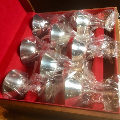 Vintage Salem Silver Plate Coupe Champagne Stemware 8 Cup Set Wood Case Portugal