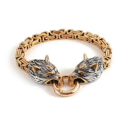 Stainless Steel Gold King Chain Norse Viking Fenrir Wolf Head Byzantine Bracelet
