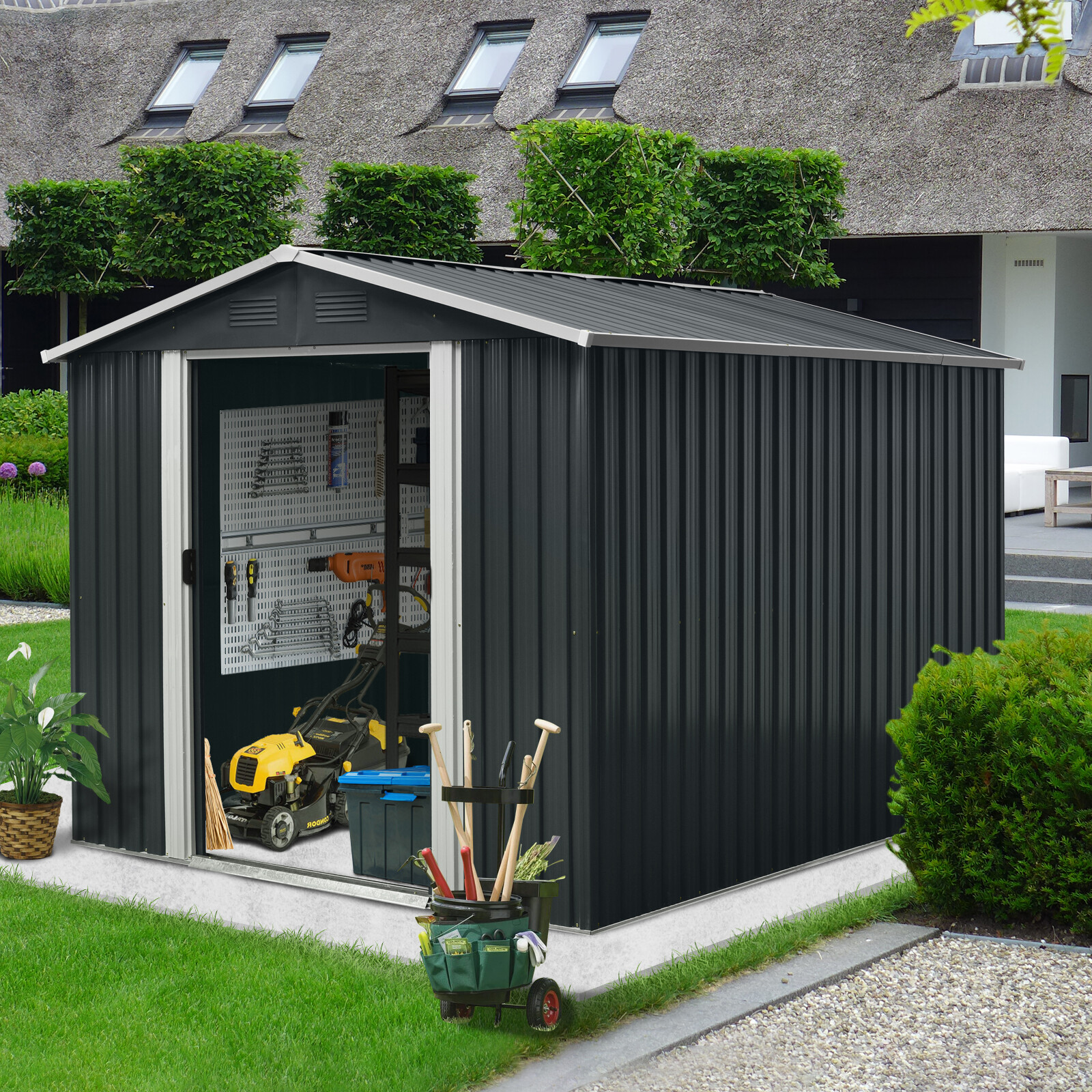 Outdoor Metal Storage Shed with Floor Base Sliding Doors and Padlock for Patio