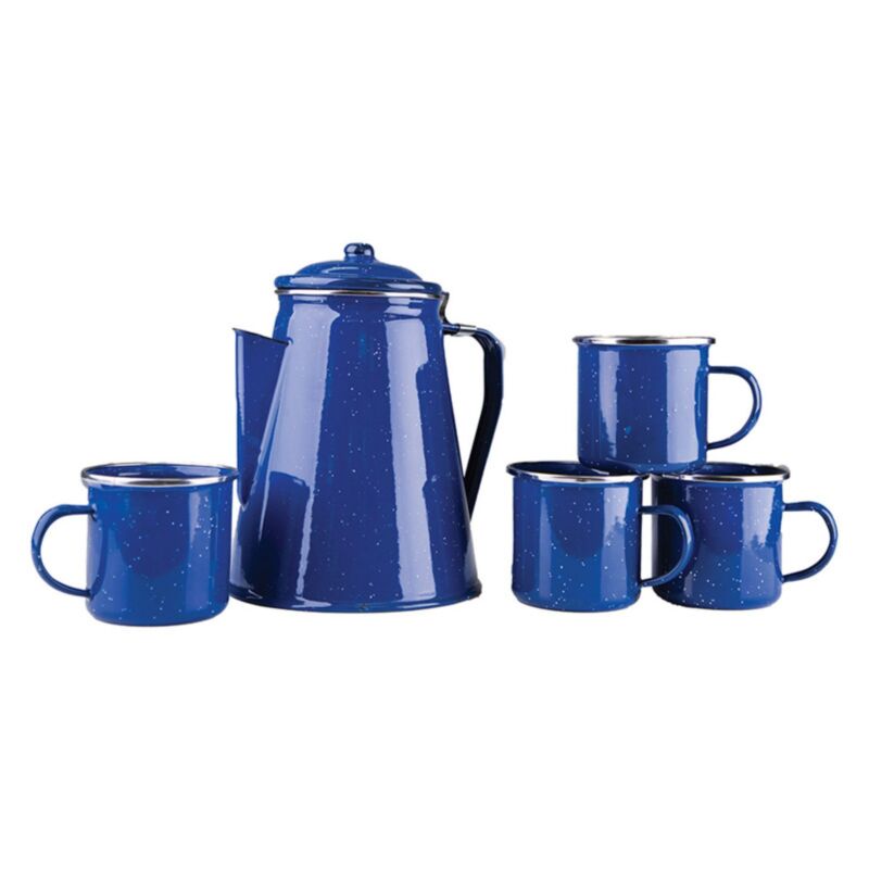 Enamel 8 Cup Coffee Pot with Percolator And 4 Mugs Set 12 Ounce  Blue