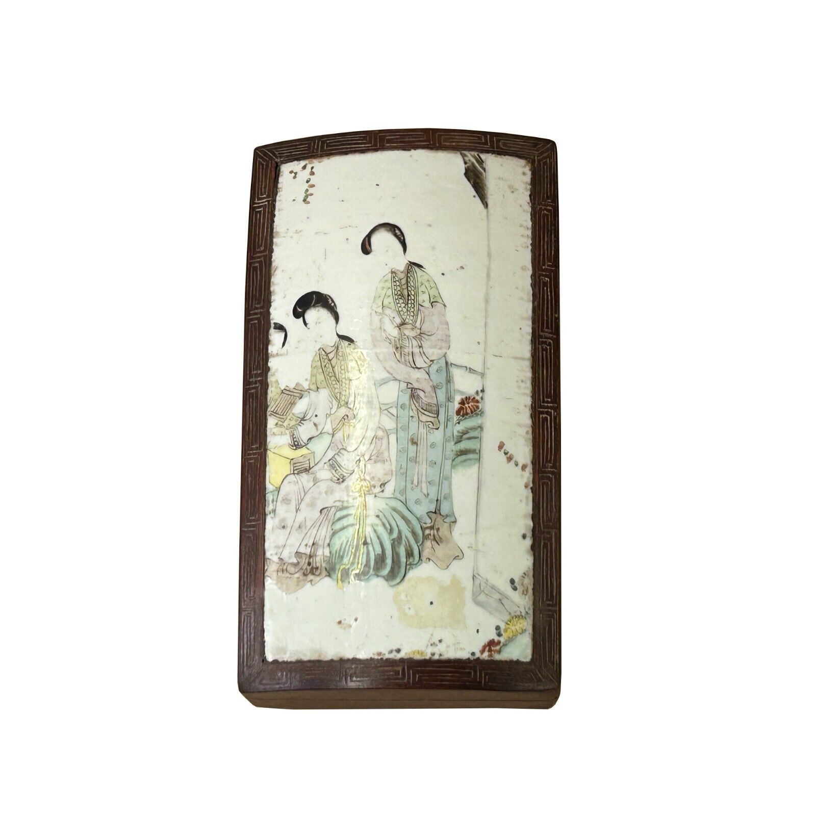 Chinese Old White Base Color People Graphic Porcelain Brown Wood Box ws3897S Chinese Old White Base Color People Graphic Porcelain Brown Wood Box ws3897S