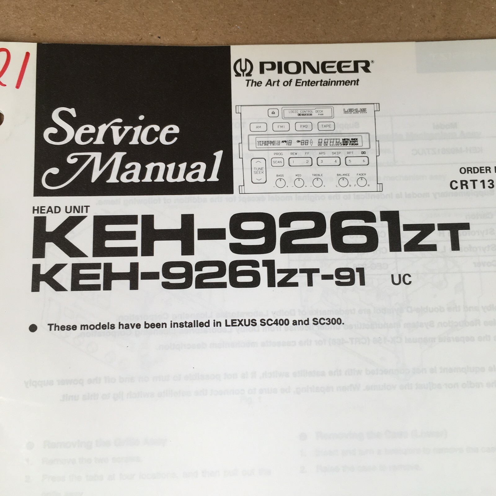 Pioneer Service Manual CRT1368 KEH-9261ZT (installed in Lexus SC400 and SC300)