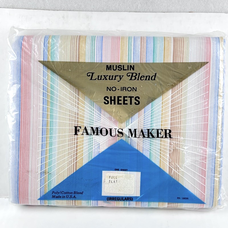 NIP vintage 70s FAMOUS MAKER STRIPED FLAT SHEET muslin luxury blend 80s USA NOS