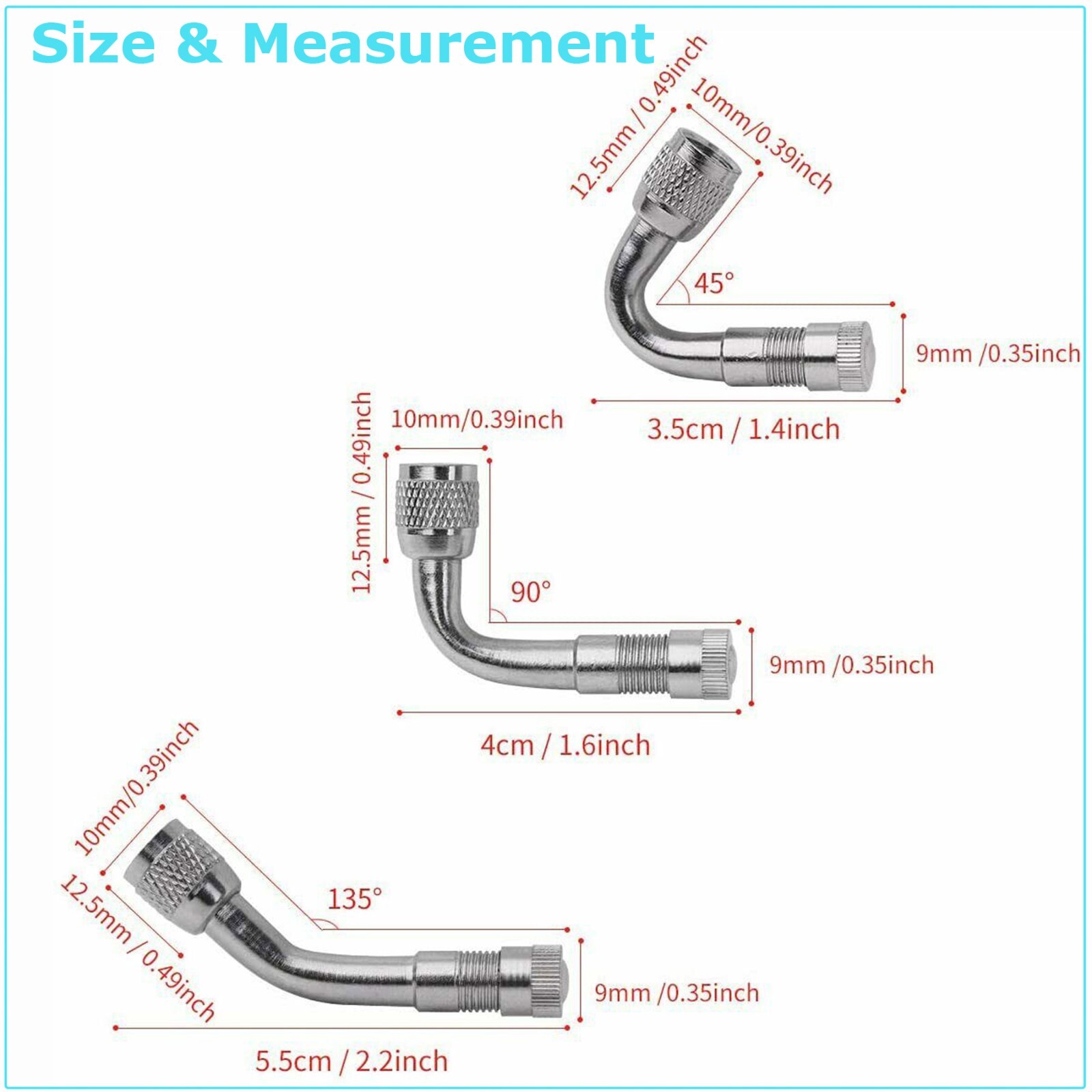 6PCS Tire Valve Stem Extension 45 90 135 Degree for Cars Bicycles Universal