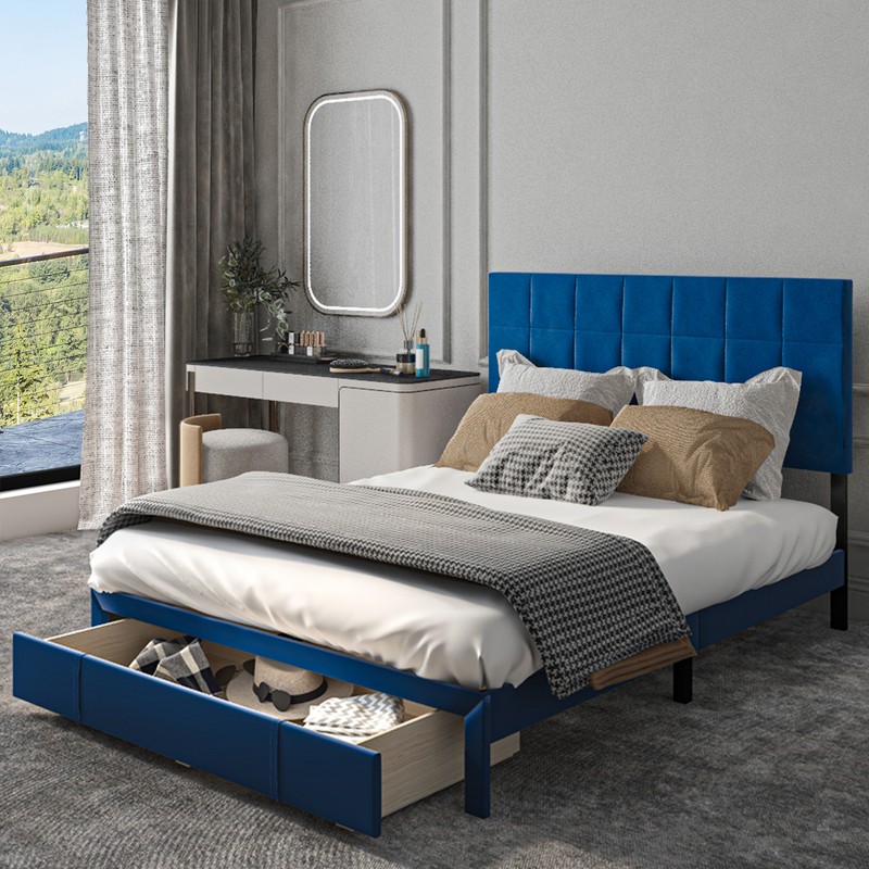 Queen Size Upholstered Platform W/velvet Tufted Headboard Navy