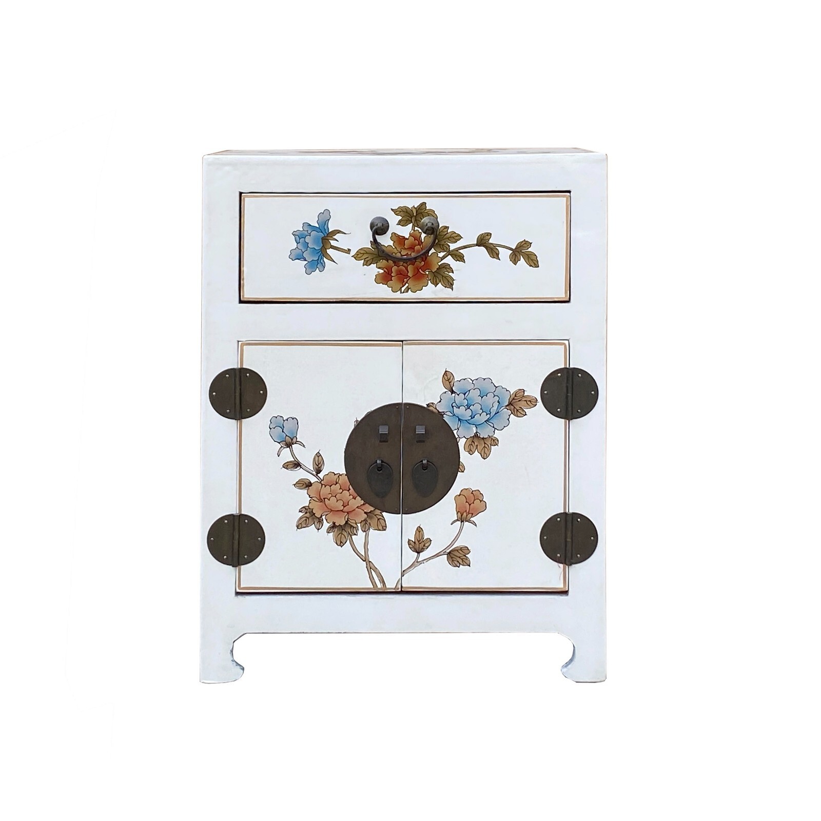 Chinese Off White Vinyl Moon Face Flower End Table Nightstand cs7130S Chinese Off White Vinyl Moon Face Flower End Table Nightstand cs7130S