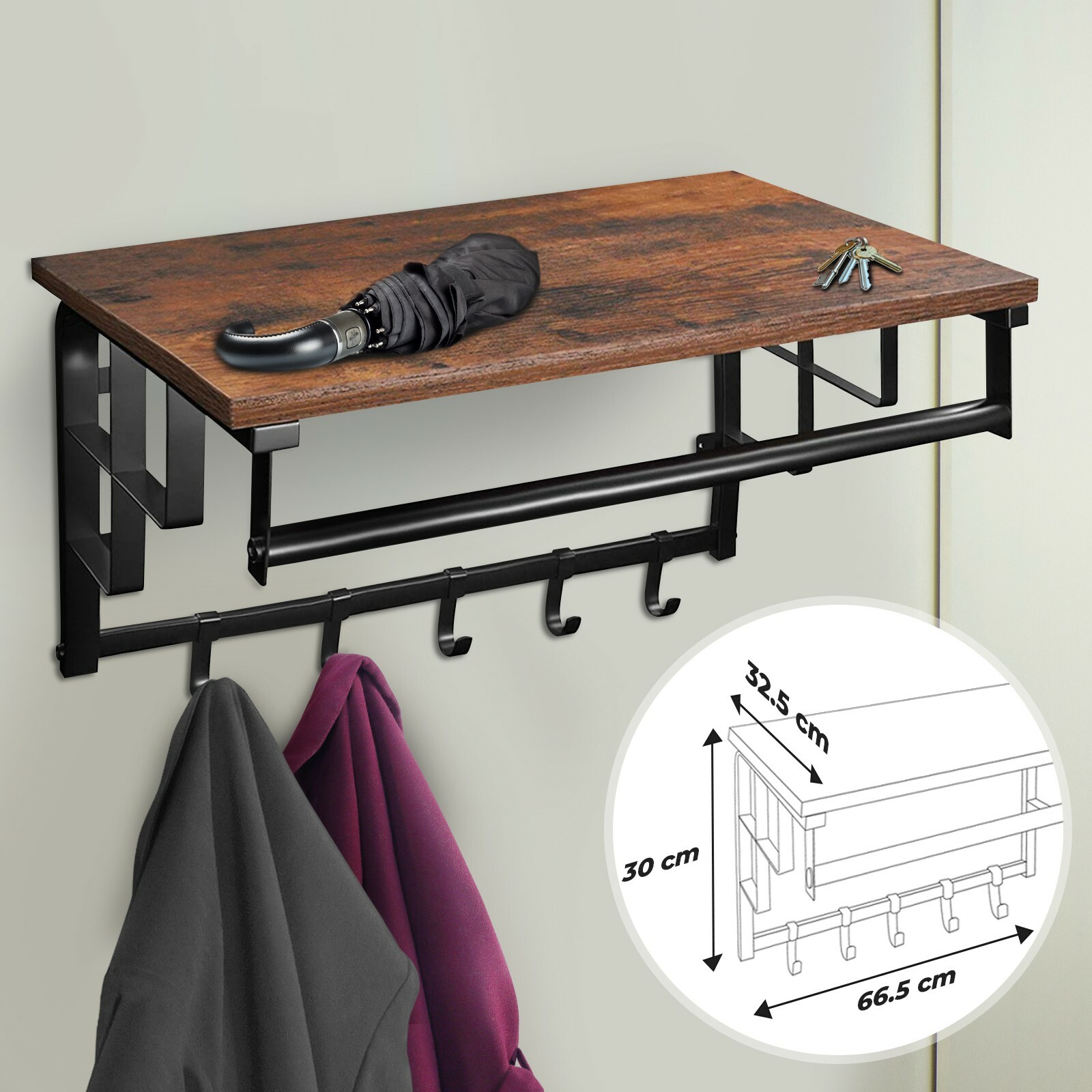 MIADOMODO® Wandgarderobe Shabby Metall Vintage Flurgarderobe Hakenleiste Regal