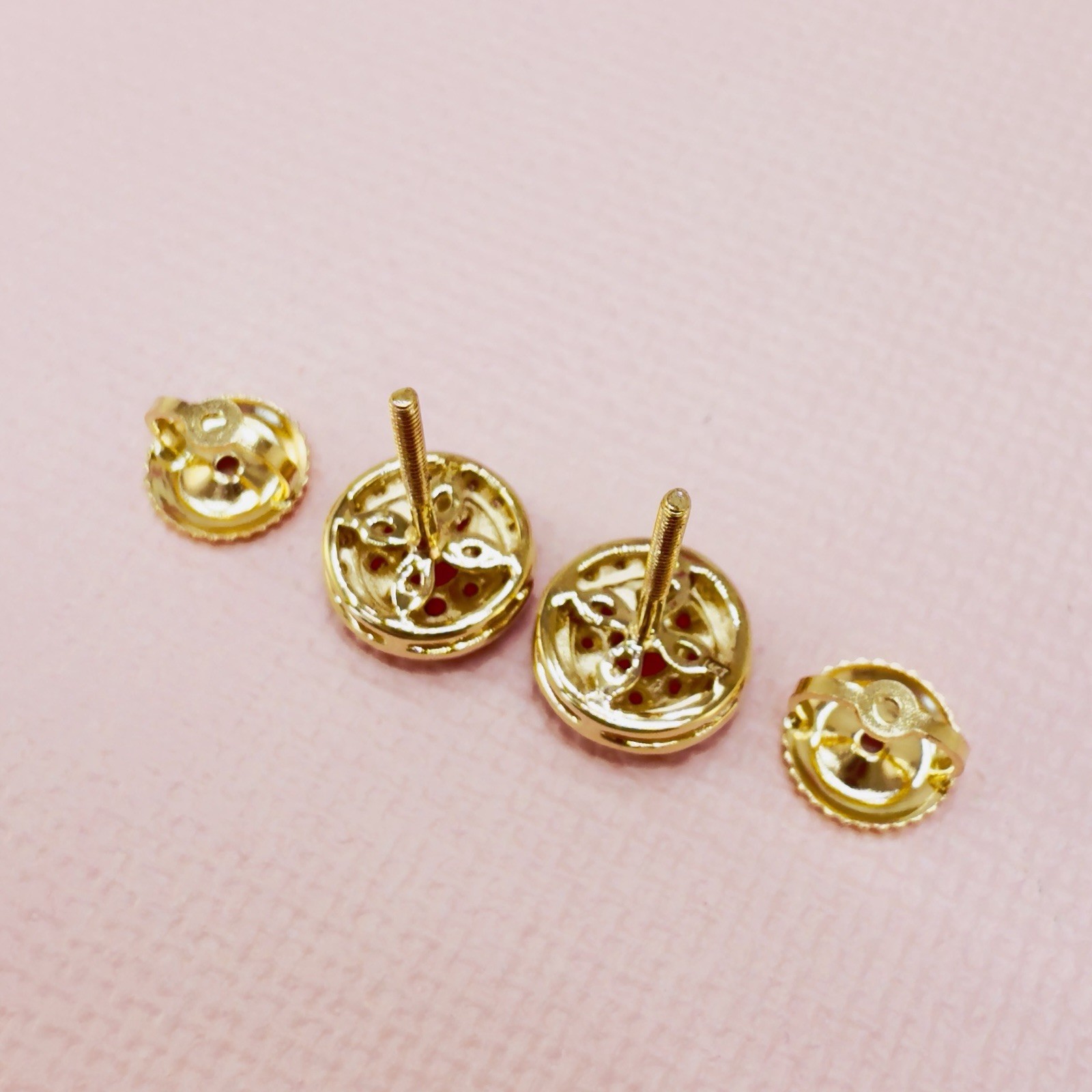 14k Yellow Gold Genuine Ruby & Diamond Halo Stud Screw-Back Earrings, New - Picture 6 of 10