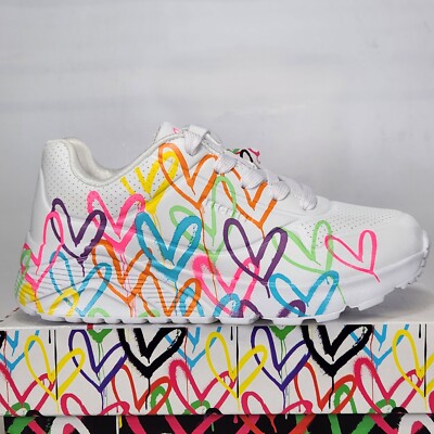 Size 1 Big Kids - SKECHERS JGoldcrown Uno Lite Spread the Love - White
