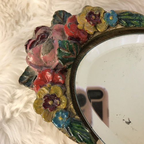 Antique Barbola Oval Beveled Mirror Gesso Flowers Table Top c.1930s FLWRS