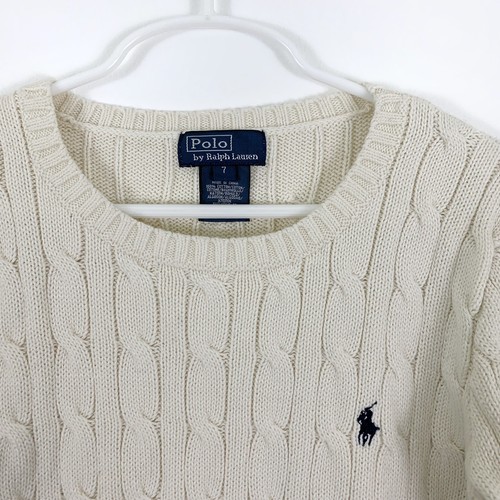 Polo Ralph Lauren Boys Size 7 Ivory Cream Crew Neck Cable Knit Sweater Pullover