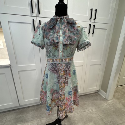 DALIA MACPHEE Printed A Line Dress M Green Jade Pleated Frill Bow Neck Side Zip